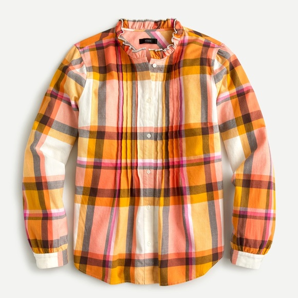 🍊 J.CREW ORANGE YELLOW RUFFLE COLLAR PLAID BUTTON DOWN SHIRT! - Picture 1 of 16